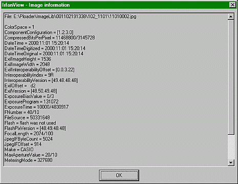 Exif tag info from IrfanView